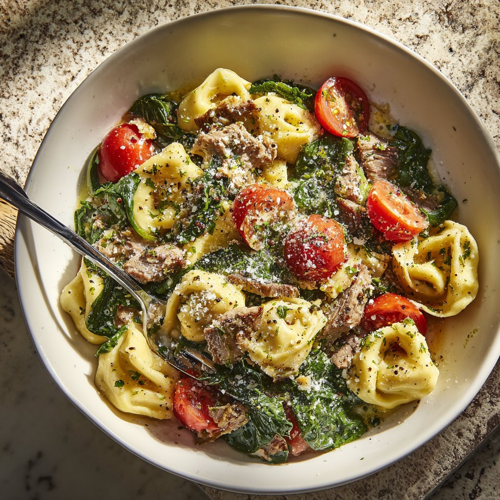 Garlic Steak Tortellini with Spinach and Cherry Tomatoes